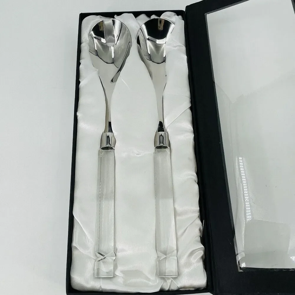 Oleg Cassini Stainless Salad Server Set Crystal Square Handles Satin Lined Box